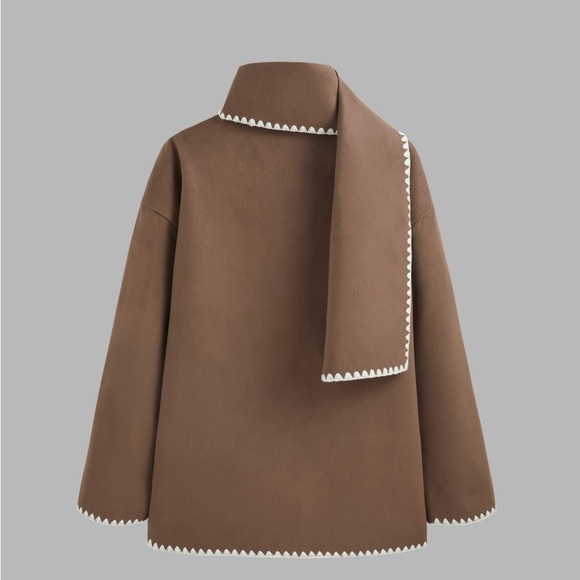 Trending Blogger Favorite Brown Contrast Stitching Jacket & Scarf - Picture 3 of 7